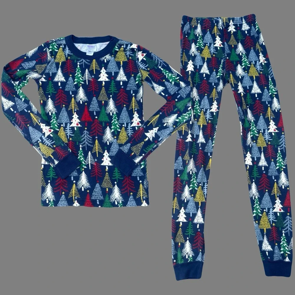 Hanna Andersson Twinkly Trees on Navy Organic Cotton Pajamas 2 Pc PJ Set Size 14